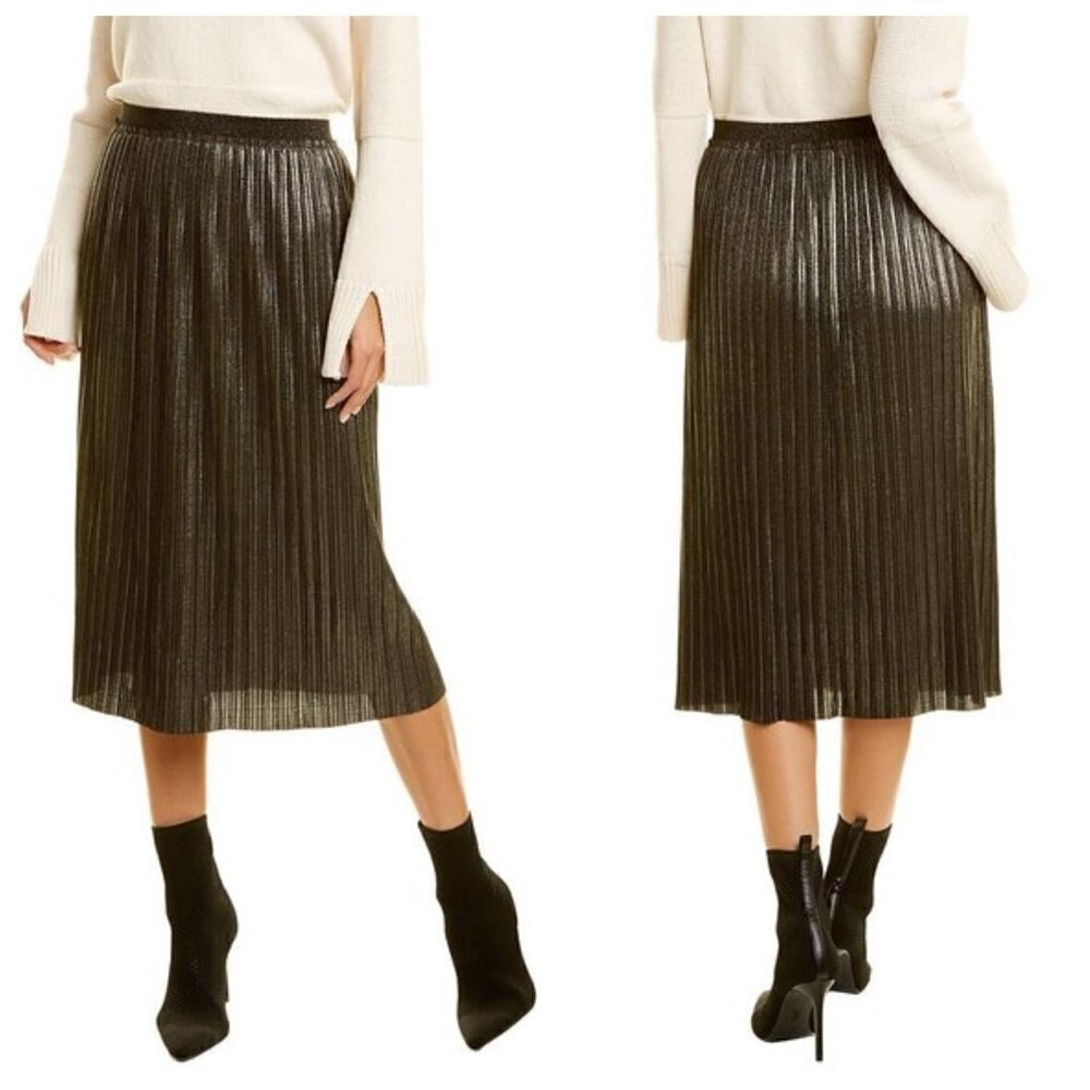💕ST. JOHN💕 Pleated Foil Skirt Elasticized Waist ~ Black & Gold XL NWOT